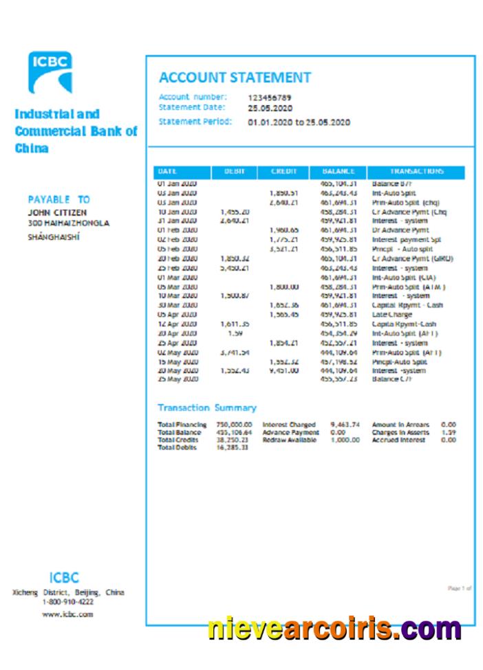 China Industrial and Commercial Bank of China bank statement, Word and PDF format